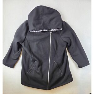 Details Intl Womens 1X Black Asymmetrical Zip Hooded Jacket Leopard Print Lining